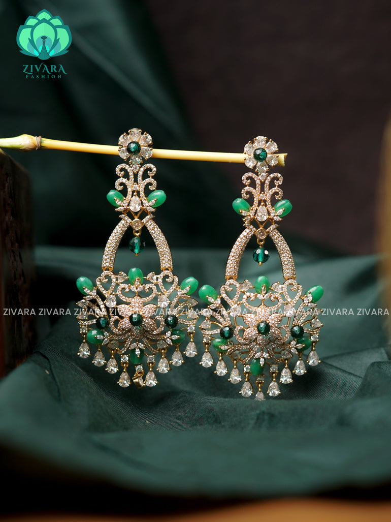 GREEN - EXTREMELY Long (3.75 inches) and stylish bridal- GOLD polish finish hanging with studs- latest jewellery collection- zivara fashion