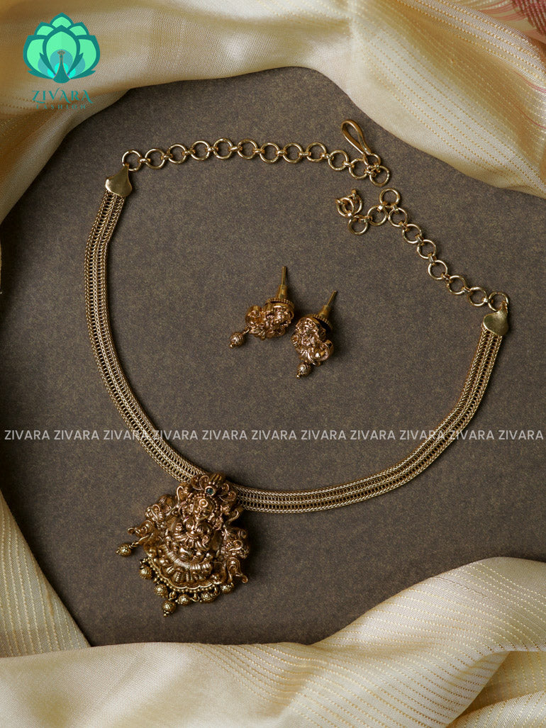 Flexible chain gold temple pendant-Traditional south indian premium neckwear with earrings- Zivara Fashion- latest jewellery design.