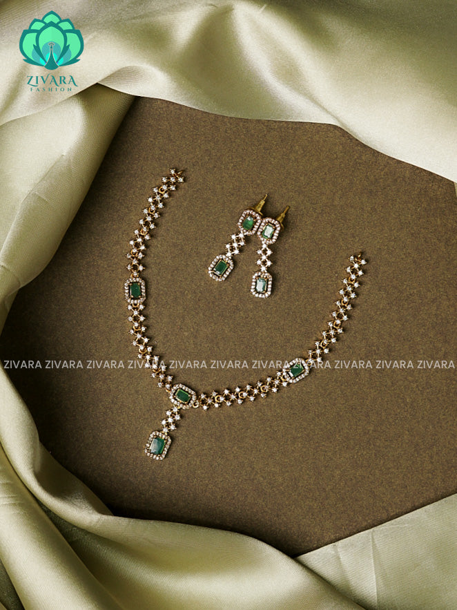 GREEN - DIAMOND LOOK ALIKE  - stylish and minimal elegant neckwear with earrings- Zivara Fashion