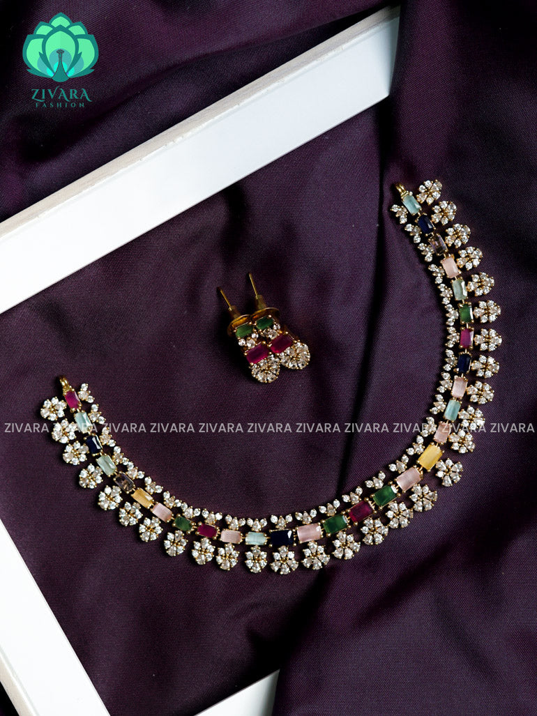 Motif free multicolour stone- stylish and minimal elegant neckwear with earrings- Zivara Fashion