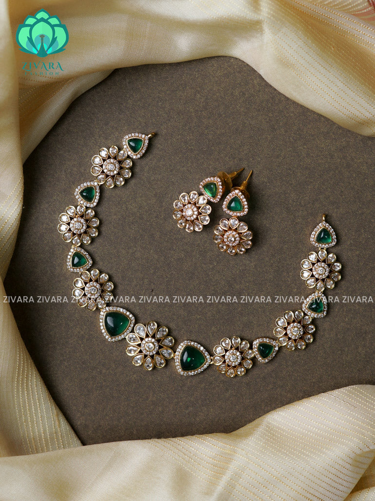 Dark green -Flower and triangle - stylish and minimal elegant neckwear with earrings- Zivara Fashion