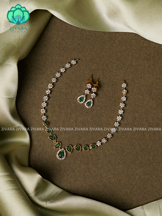 GREEN -MINI SIZE TEAR MOTIF- DARK FINISH stylish and minimal elegant neckwear with earrings- Zivara Fashion