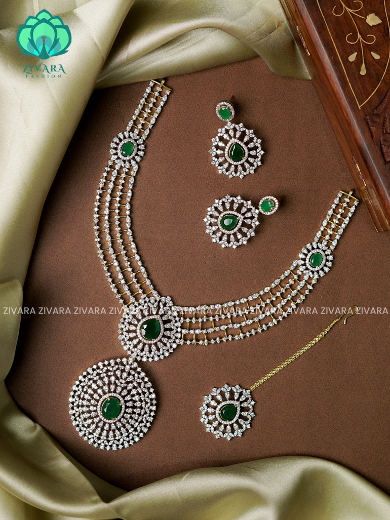 Green  Grand bridal with detachable pendant -Traditional south indian premium neckwear with earringsand tikka - Zivara Fashion- latest jewellery design.