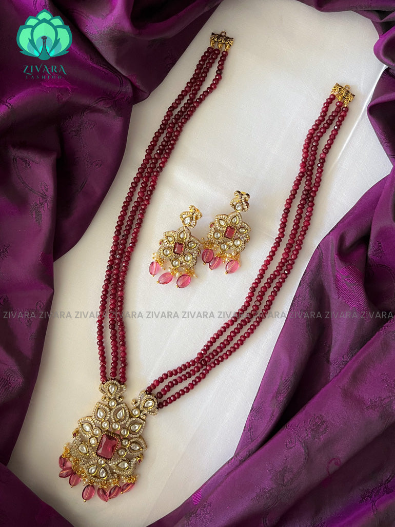 Victorian finish RUBY beads long haaram with stones- Premium quality CZ Matte collection