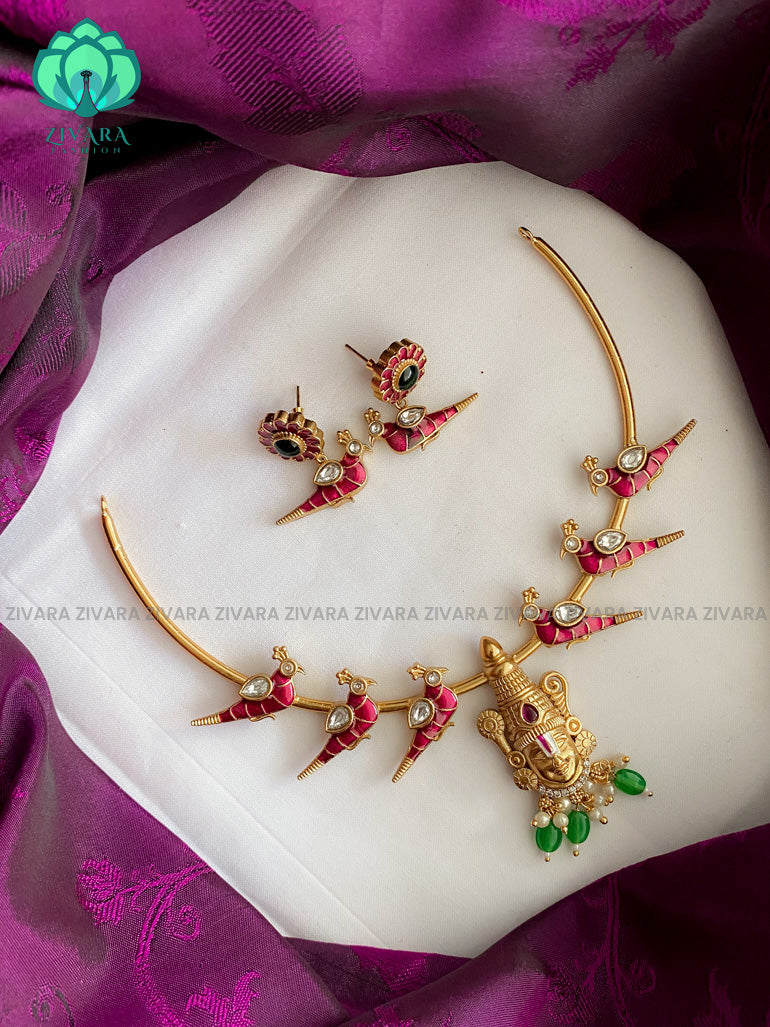Beautiful tirumal and parrot enamel hasli neckwear with earrings- latest gold look alike collection