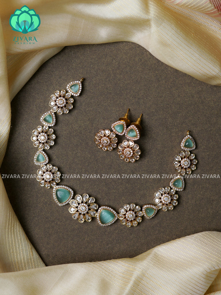 Pastel green -Flower and triangle - stylish and minimal elegant neckwear with earrings- Zivara Fashion