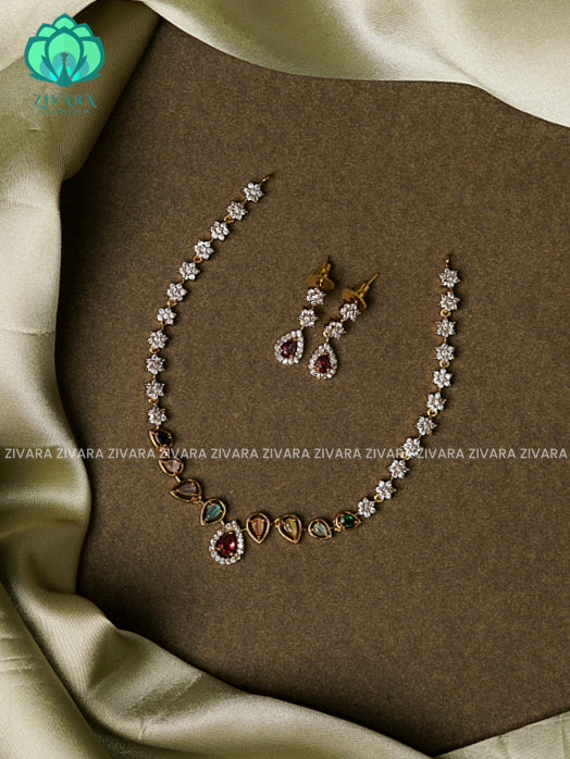 MULTICOLOUR -MINI SIZE TEAR MOTIF- DARK FINISH stylish and minimal elegant neckwear with earrings- Zivara Fashion