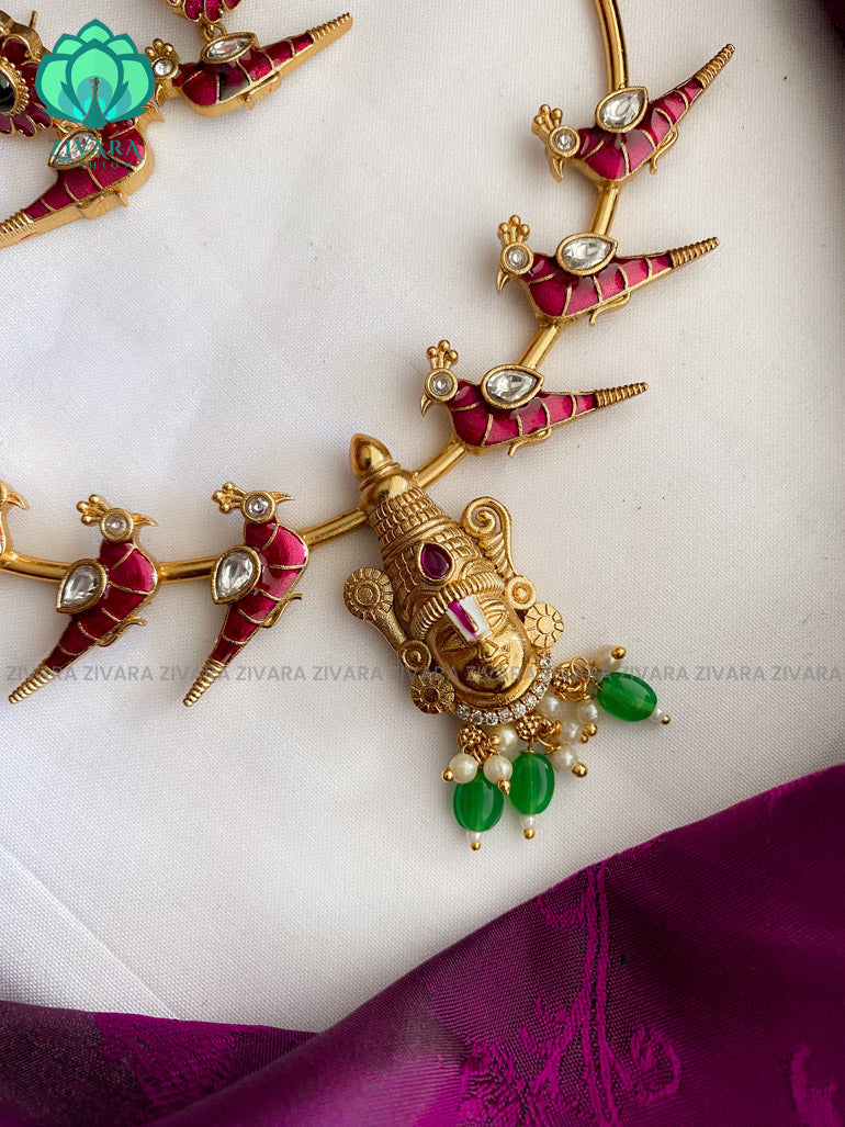 Beautiful tirumal and parrot enamel hasli neckwear with earrings- latest gold look alike collection