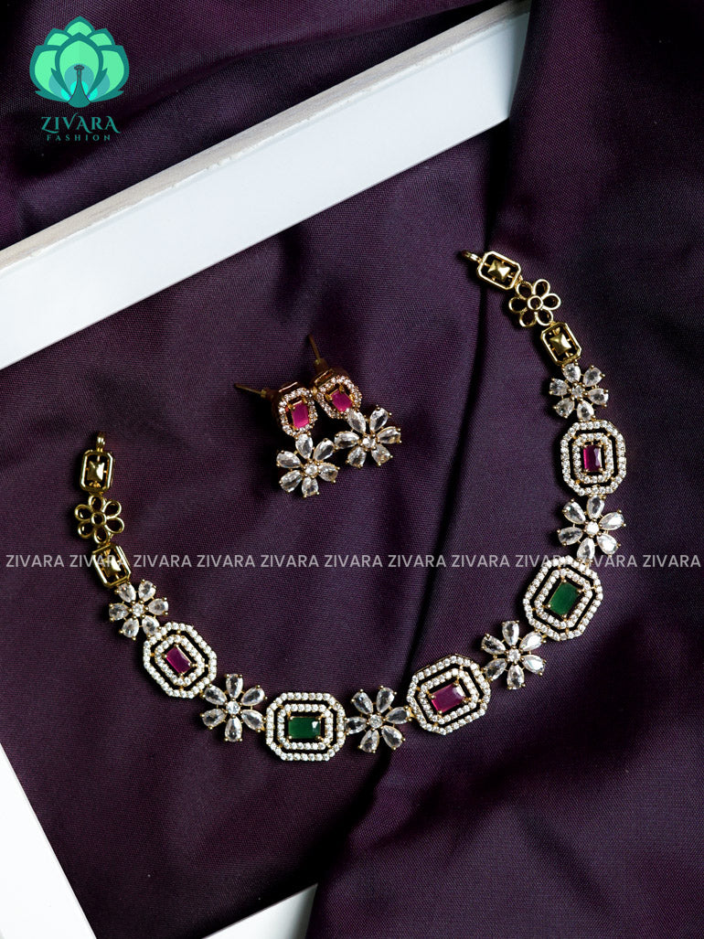 Box and flower ruby green white stone - stylish and minimal elegant neckwear with earrings- Zivara Fashion