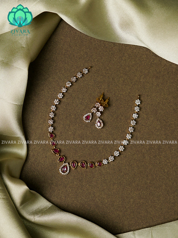 RUBY AND WHITE -MINI SIZE TEAR MOTIF- DARK FINISH stylish and minimal elegant neckwear with earrings- Zivara Fashion