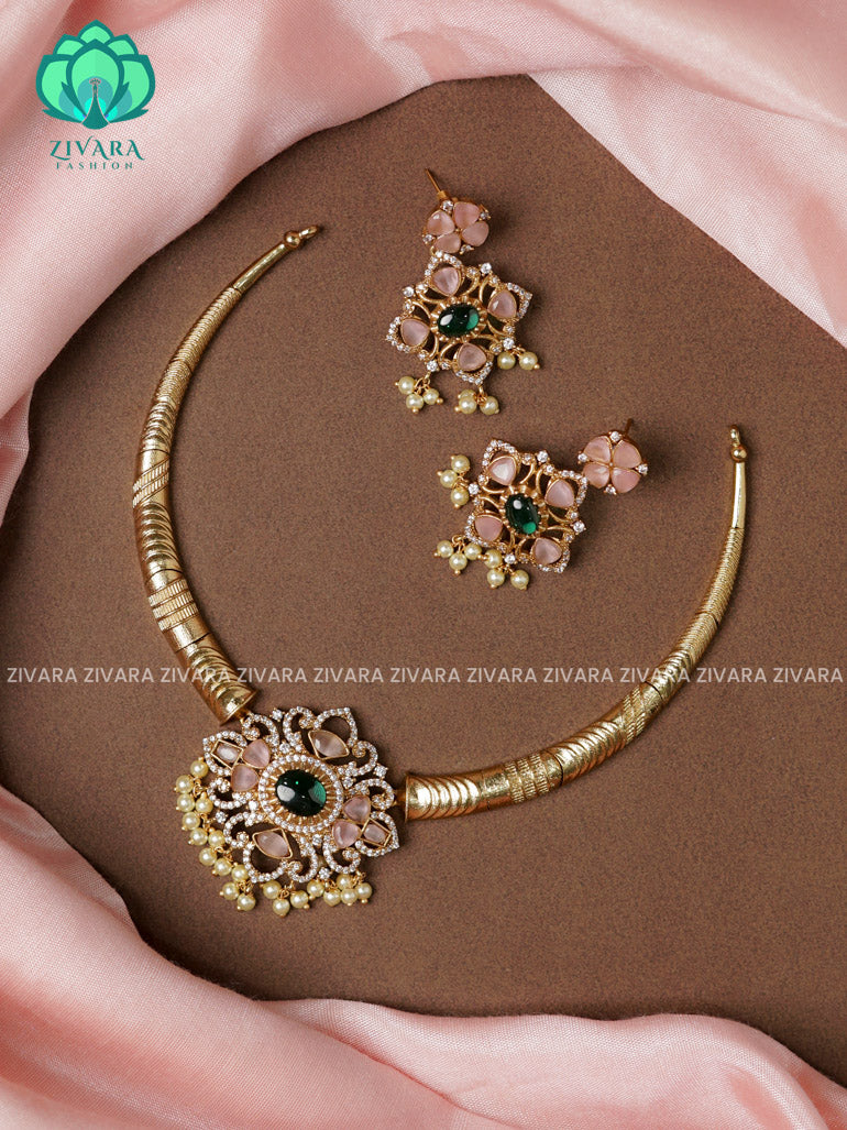 PASTEL PINK - CUTE HASLI-Traditional south indian premium neckwear with earrings- Zivara Fashion- latest jewellery design.