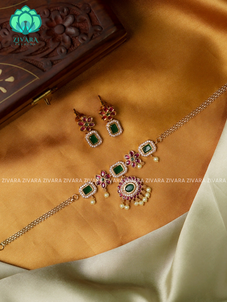 Kids friendly REAL KEMP BOX MOTIF -TRADITIONAL CHOKER COLLECTION WITH EARRINGS- LATEST JEWELLERY COLLECTION