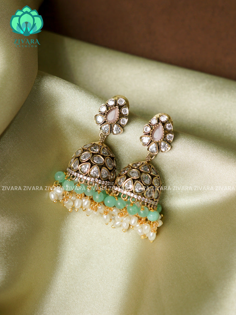 Pastel green and pink  - Polki stone medium size jhumka (2 INCHES) - TRADITIONAL PREMIUM  JHUMKA- latest jewellery collection- zivara fashion