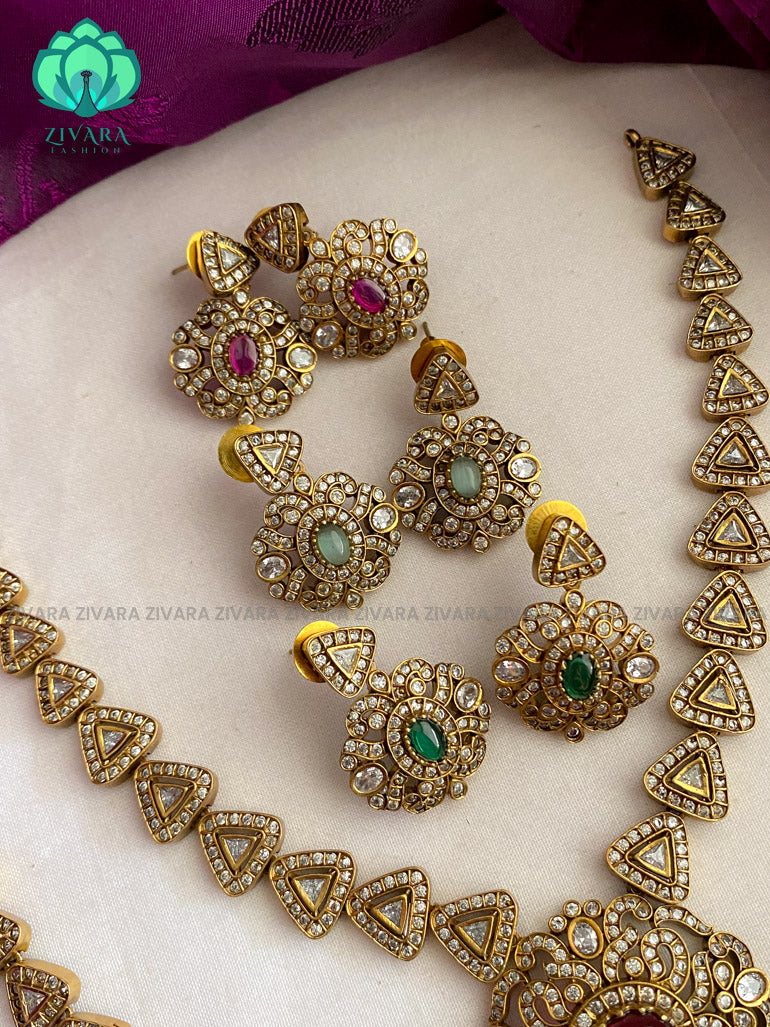 Elegant brilliant Victorian polish finish neckwear with earrings  - Premium quality CZ Matte collection-south indian jewellery