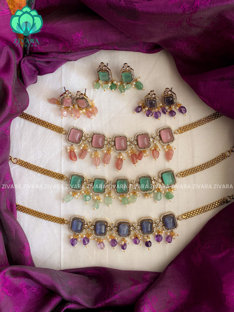 Bridal Square stone Victorian polish finish choker with earrings  - Premium quality CZ Matte collection-south indian jewellery