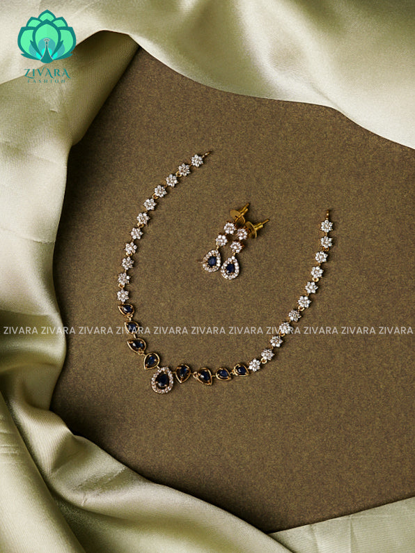 BLUE -MINI SIZE TEAR MOTIF- DARK FINISH stylish and minimal elegant neckwear with earrings- Zivara Fashion