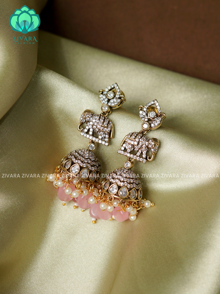 Pastel pink  - Elephant Victoria dark finish  stone medium size jhumka (3 INCHES) - TRADITIONAL PREMIUM  JHUMKA- latest jewellery collection- zivara fashion