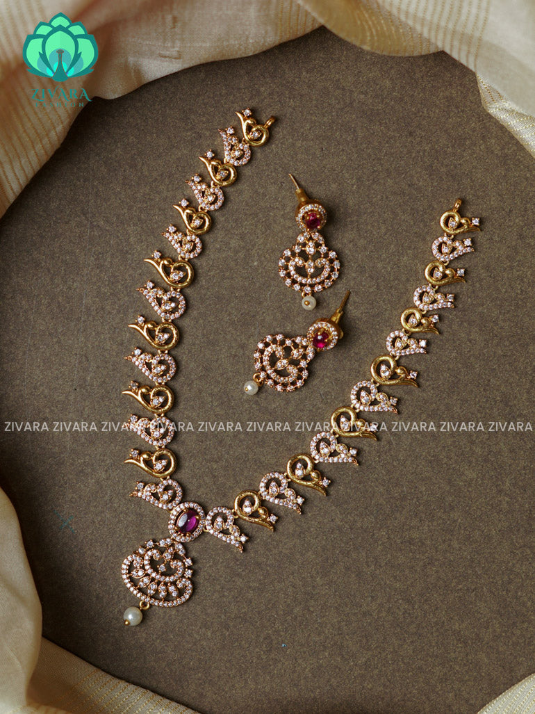 Ruby - Motif free stone pendant  -Traditional south indian premium neckwear with earrings- Zivara Fashion- latest jewellery design.