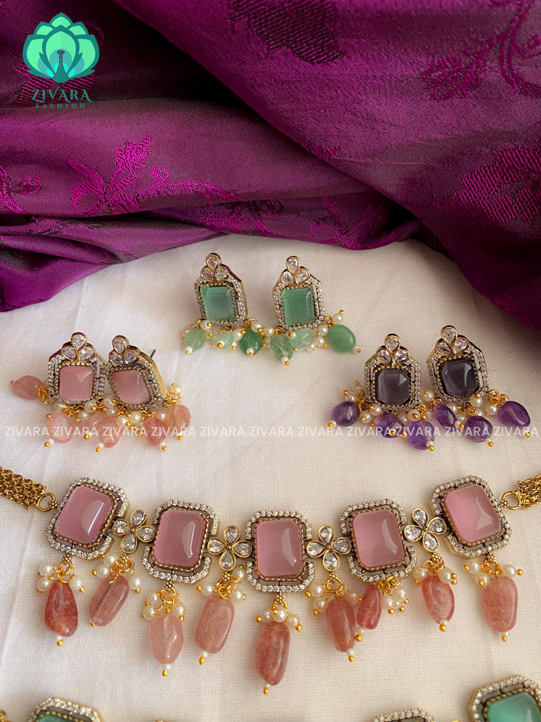 Bridal Square stone Victorian polish finish choker with earrings  - Premium quality CZ Matte collection-south indian jewellery