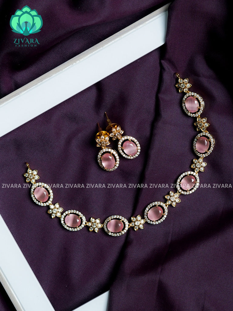 Pastel pink oval stone  - stylish and minimal elegant neckwear with earrings- Zivara Fashion
