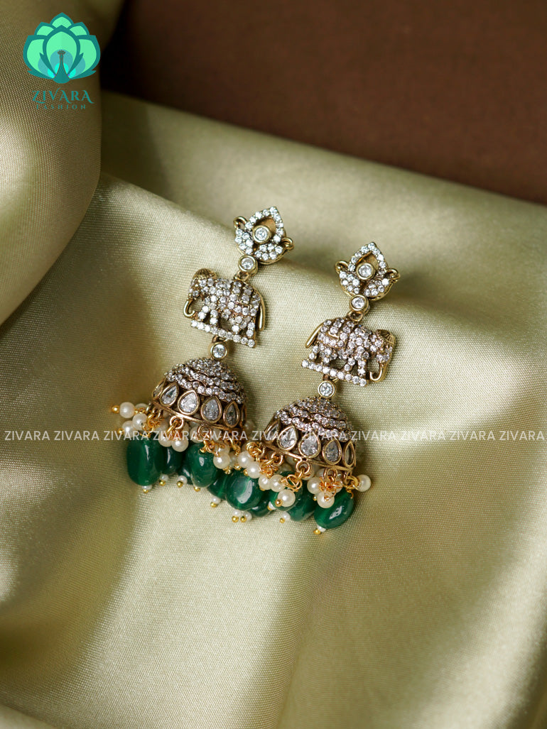 Dark green  - Elephant Victoria dark finish  stone medium size jhumka (3 INCHES) - TRADITIONAL PREMIUM  JHUMKA- latest jewellery collection- zivara fashion