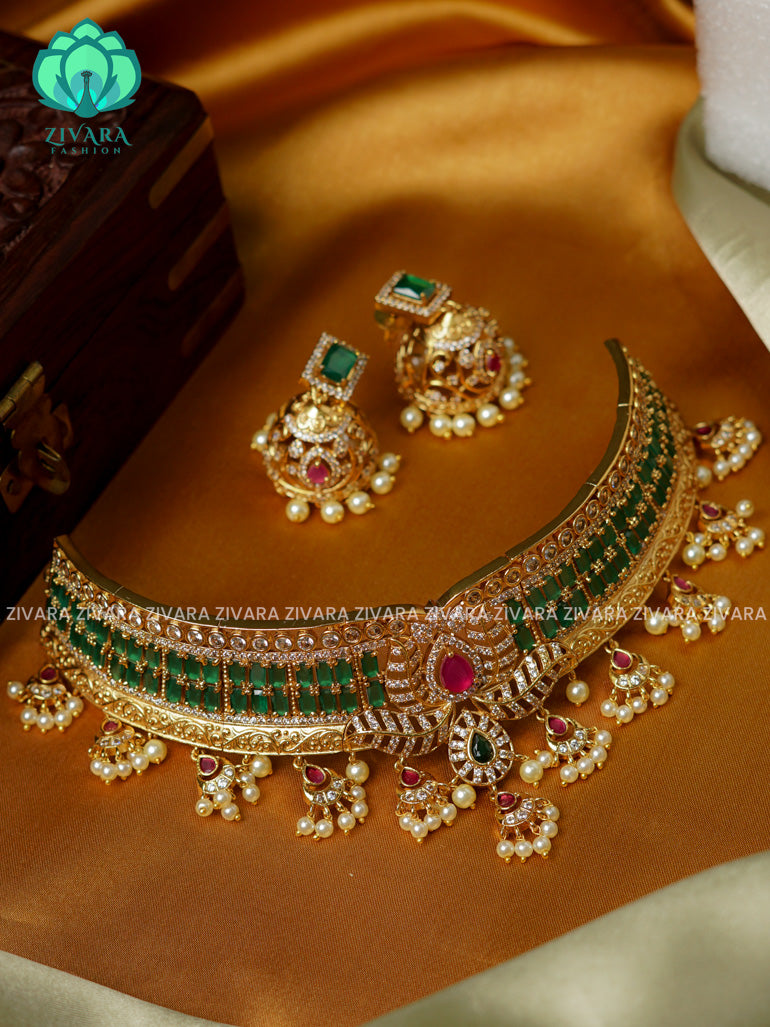 BRIDAL LOTUS GREEN  -TRADITIONAL CHOKER COLLECTION WITH EARRINGS- LATEST JEWELLERY COLLECTION