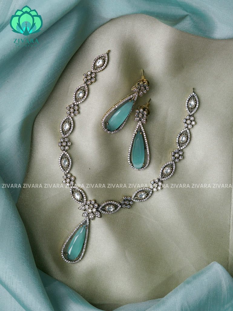 Pastel Green  -Tear pendant - Diamond look alike  - Ultra premium victoria finish dark polish trending neckwear collection- bridal collection- Zivara Fashion