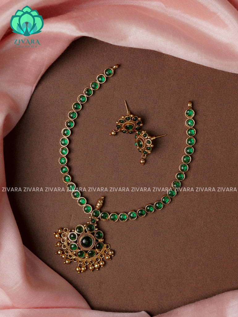 GREEN STONE ATTIGAI -Traditional south indian NORMAL MATTE neckwear with earrings- Zivara Fashion- latest jewellery design
