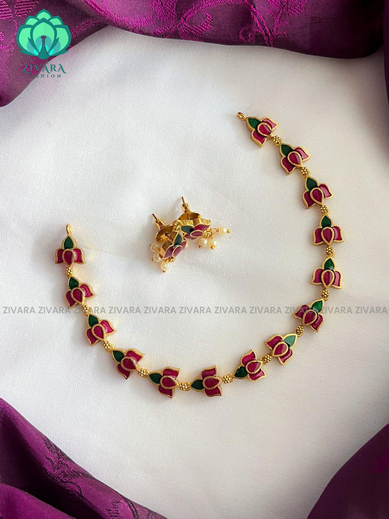 MANJU WARRIER Minimalistic Enamel Lotus neckwear with earrings- latest gold look alike collection