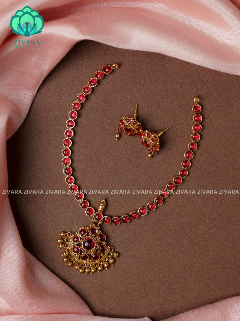 RUBY STONE ATTIGAI -Traditional south indian NORMAL MATTE neckwear with earrings- Zivara Fashion- latest jewellery design