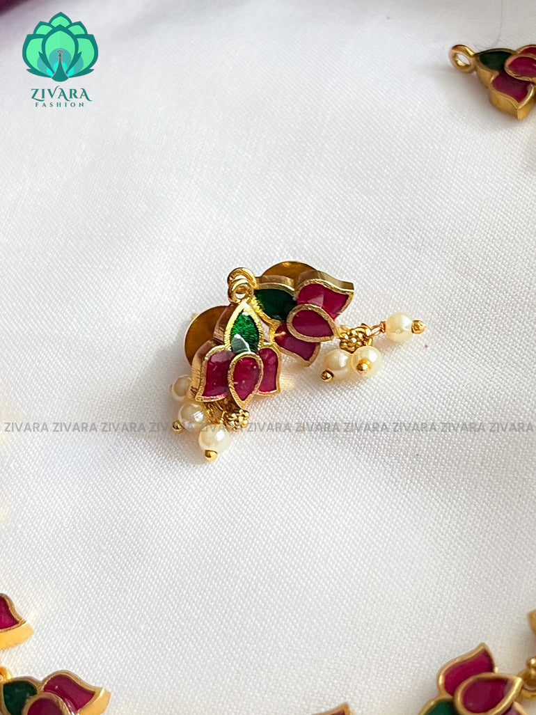 Minimalistic Enamel Lotus neckwear with earrings- latest gold look alike collection