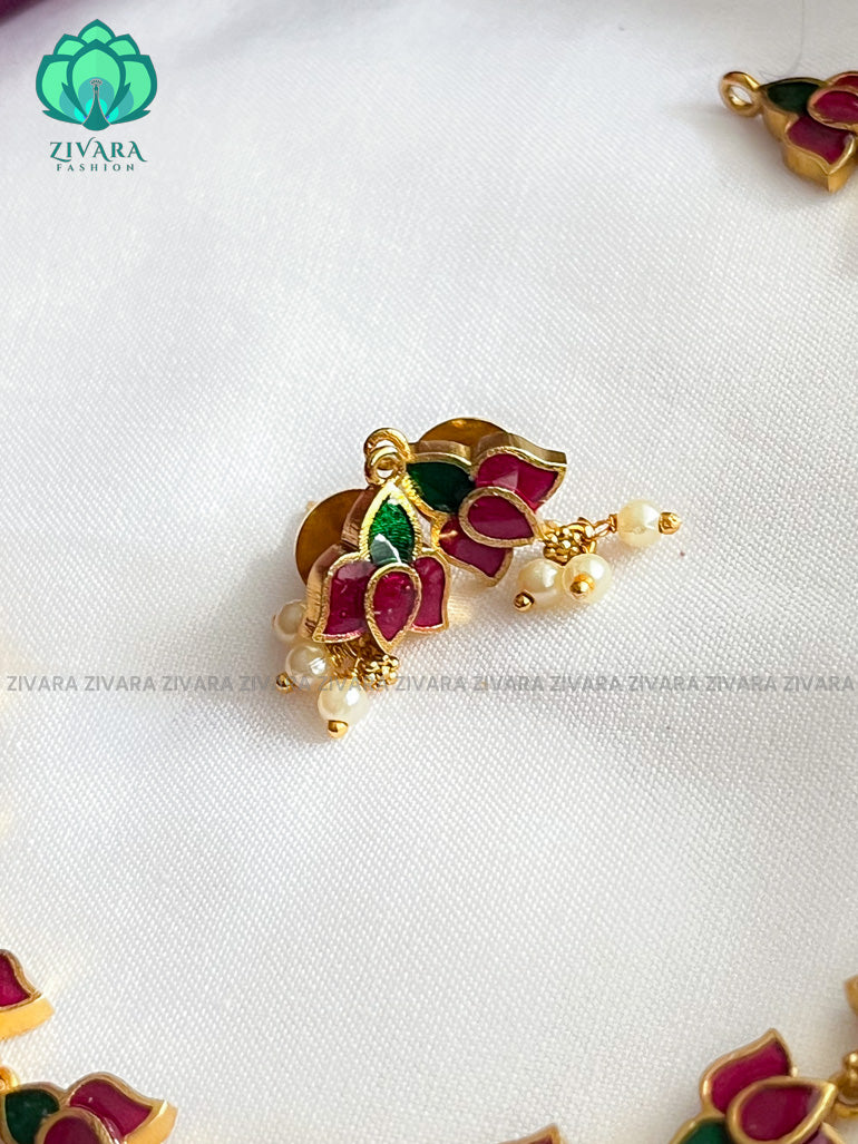 MANJU WARRIER Minimalistic Enamel Lotus neckwear with earrings- latest gold look alike collection