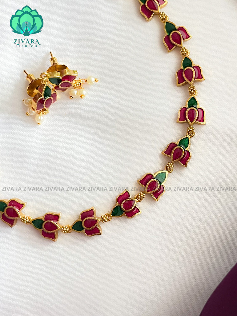 MANJU WARRIER Minimalistic Enamel Lotus neckwear with earrings- latest gold look alike collection