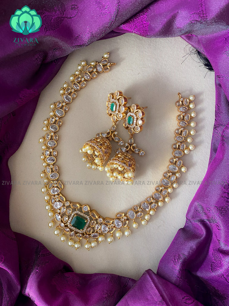 GREEN- BRIDAL UNCUT STONE -Traditional south indian premium neckwear with earrings- Zivara Fashion- latest jewellery design.