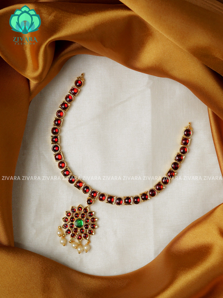 Red and Green- SANGEETHA - INIYA - Simple kemp attigai neckwear - latest kemp dance jewellery collection