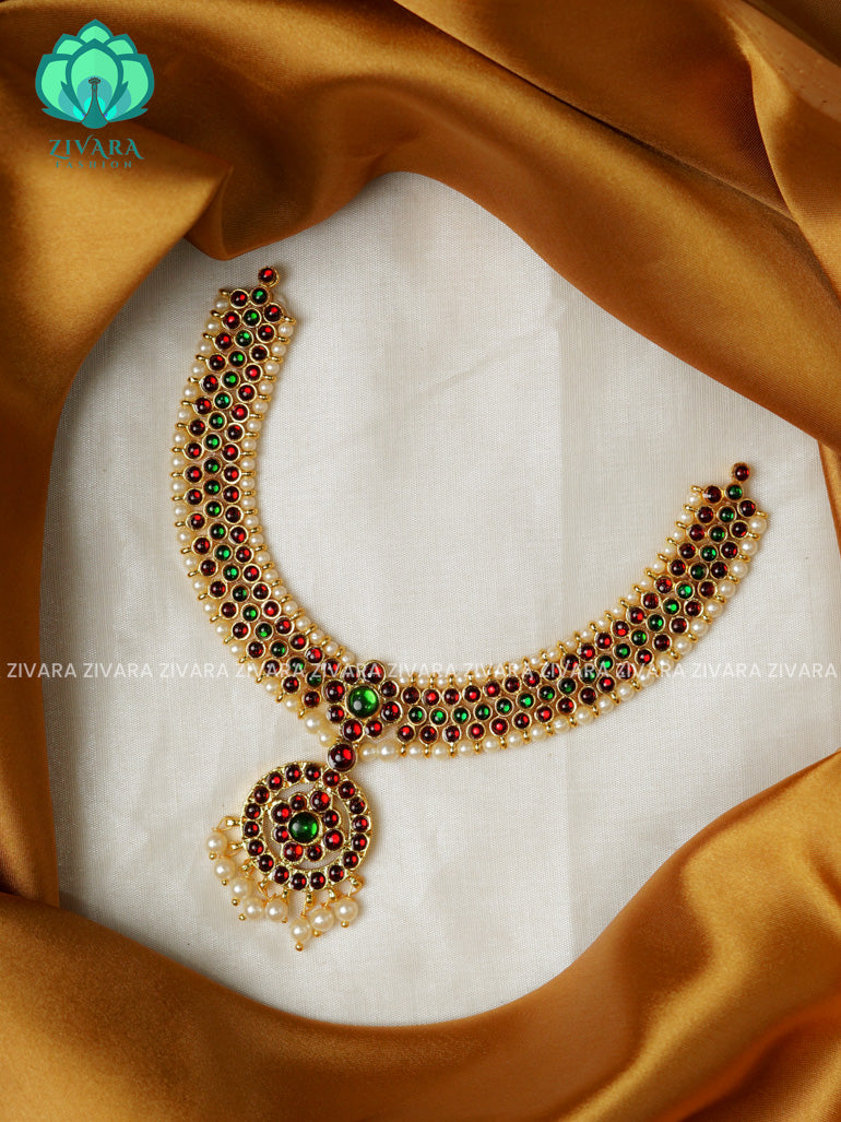 Red and Green- MALAVIKA - Simple kemp attigai neckwear - latest kemp dance jewellery collection