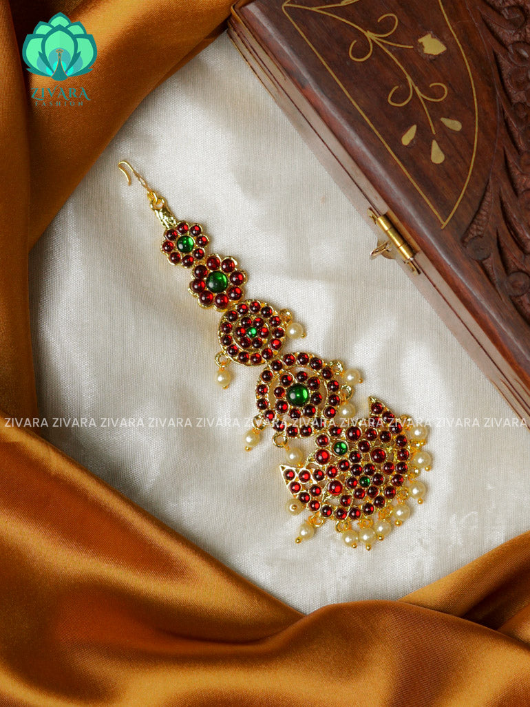 RED AND GREEN-MANASI   -TRADITIONAL KEMP CHUTTI/TIKKA  - latest kemp dance jewellery collection