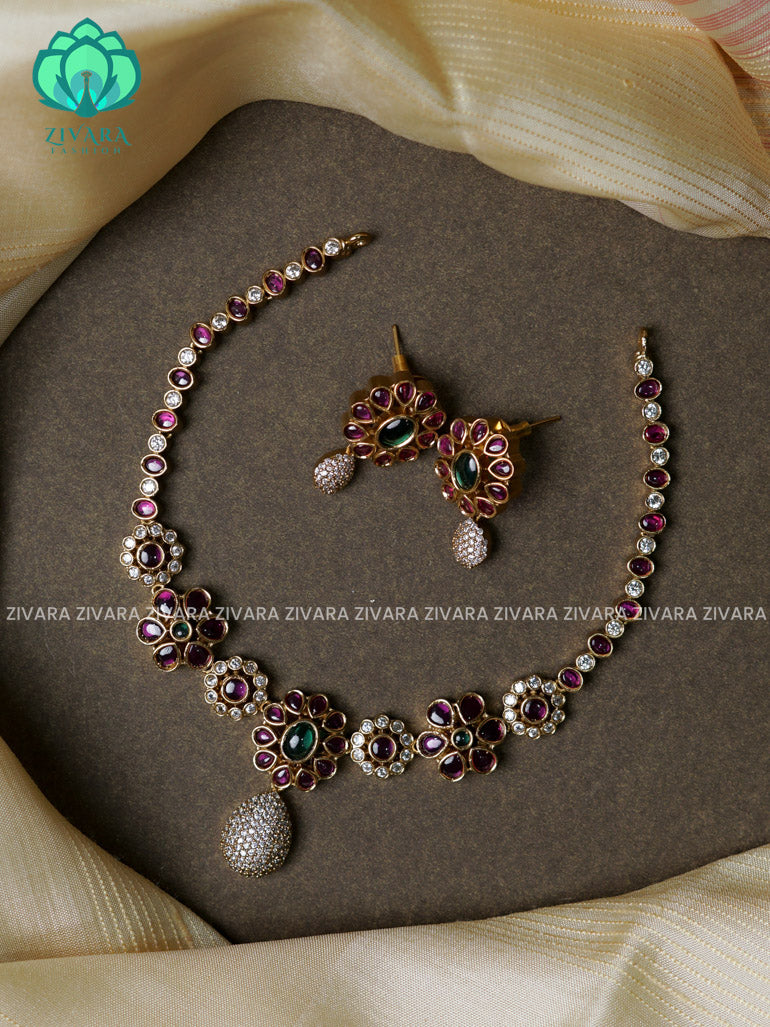 Cute real kemp flower with stone drop-Traditional south indian premium neckwear with earrings- Zivara Fashion- latest jewellery design.