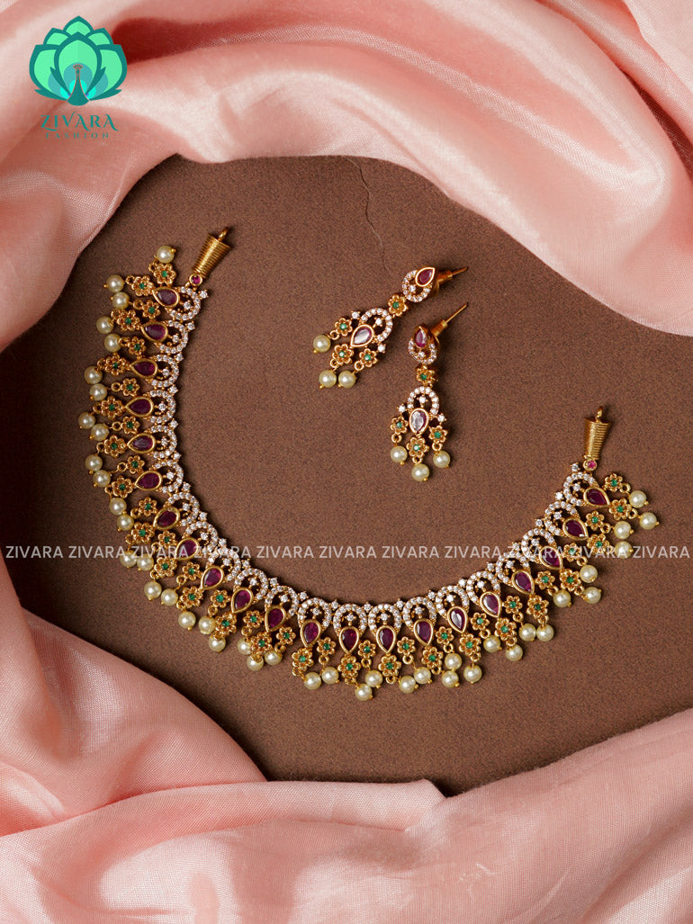HOTSELLING RUBY GREEN STONE -Traditional south indian premium neckwear with earrings- Zivara Fashion- latest jewellery design.