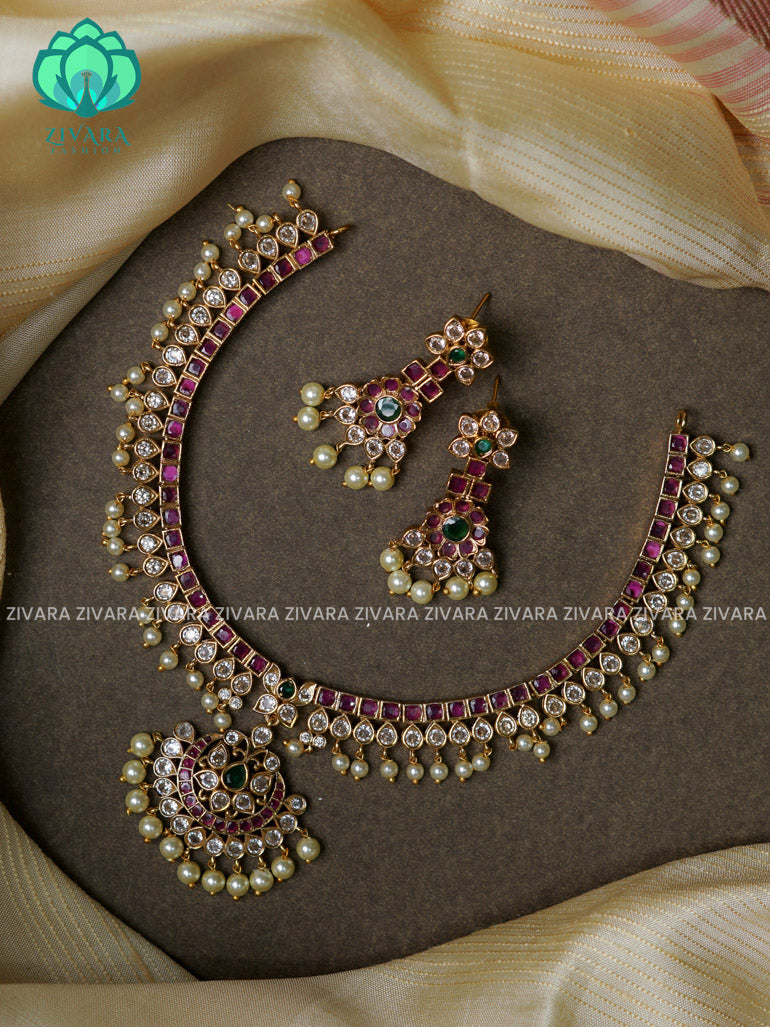 Bridal real kemp stone attigai-Traditional south indian premium neckwear with earrings- Zivara Fashion- latest jewellery design.