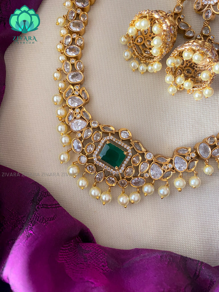 GREEN- BRIDAL UNCUT STONE -Traditional south indian premium neckwear with earrings- Zivara Fashion- latest jewellery design.