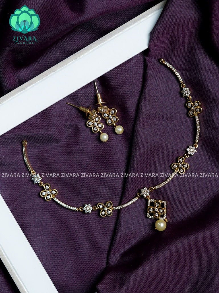 WHITE  stone FLOWER - stylish and minimal elegant neckwear with earrings- Zivara Fashion