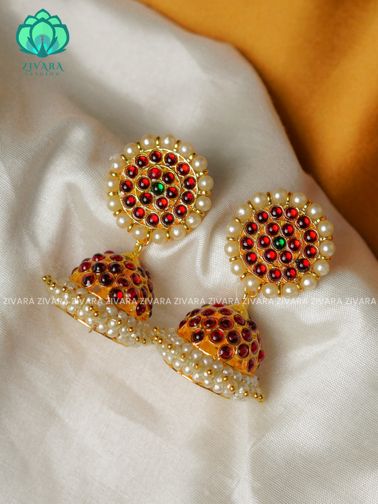 RED AND GREEN  -TRADITIONAL KEMP FOUR  LINE STONE JHUMKA - latest kemp dance jewellery collection