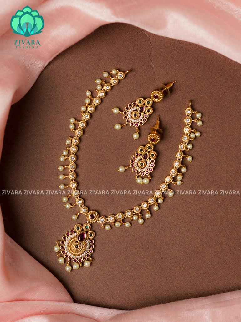 MOTIF FREE Traditional south indian premium neckwear with earrings- Zivara Fashion- latest jewellery design.