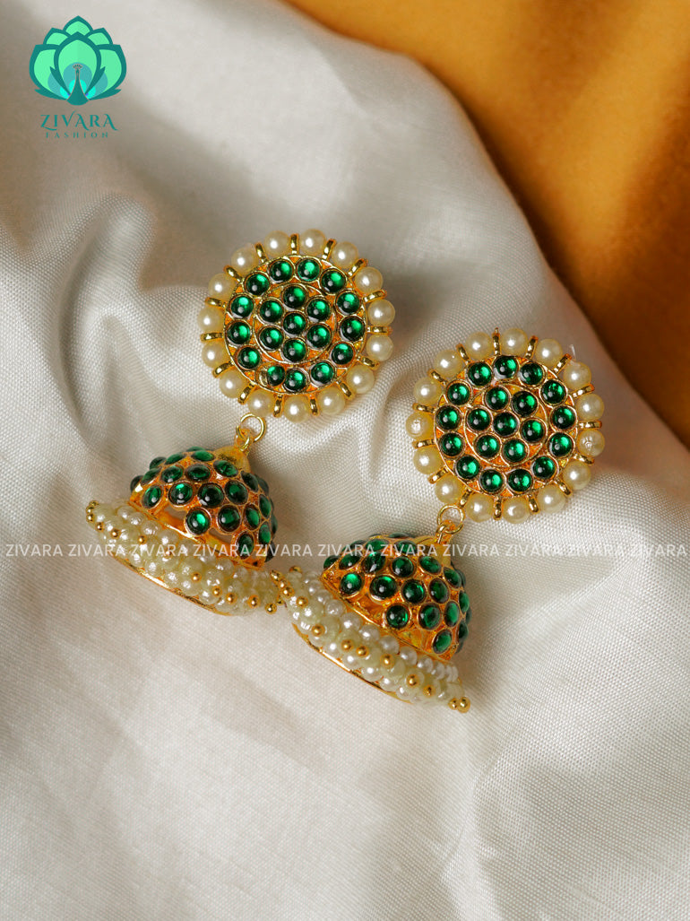 GREEN -TRADITIONAL KEMP FOUR  LINE STONE JHUMKA - latest kemp dance jewellery collection