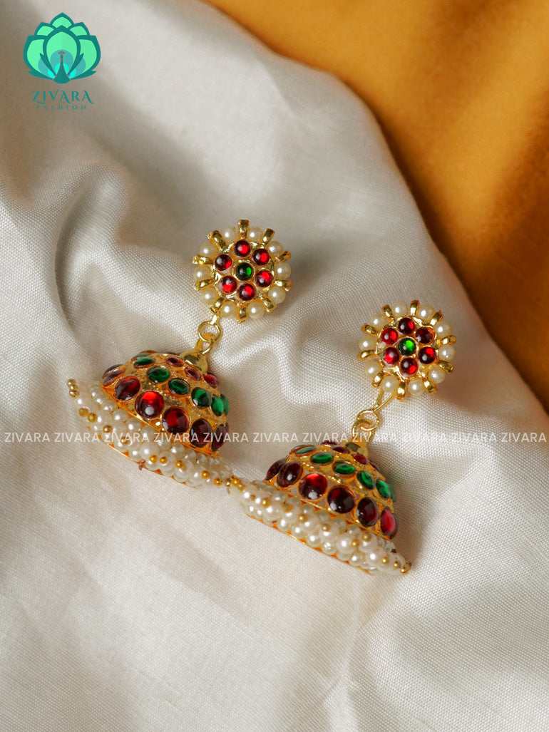 RED AND GREEN -BHANU - BIG SIZE- HANDMADE JHUMKAS - latest kemp dance jewellery collection