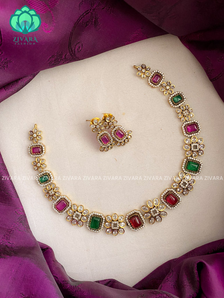 Elegant brilliant ruby and green Victorian polish finish neckwear with earrings  - Premium quality CZ Matte collection-south indian jewellery