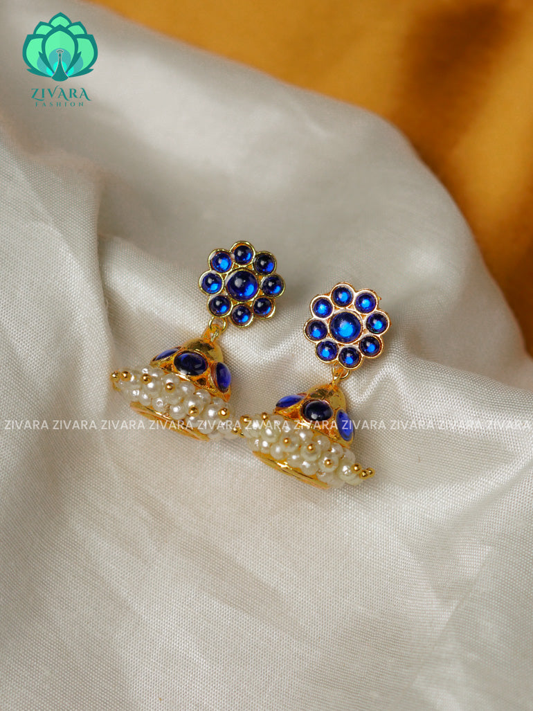 BLUE   -TRADITIONAL KEMP SINGLE LINE STONE JHUMKA - latest kemp dance jewellery collection