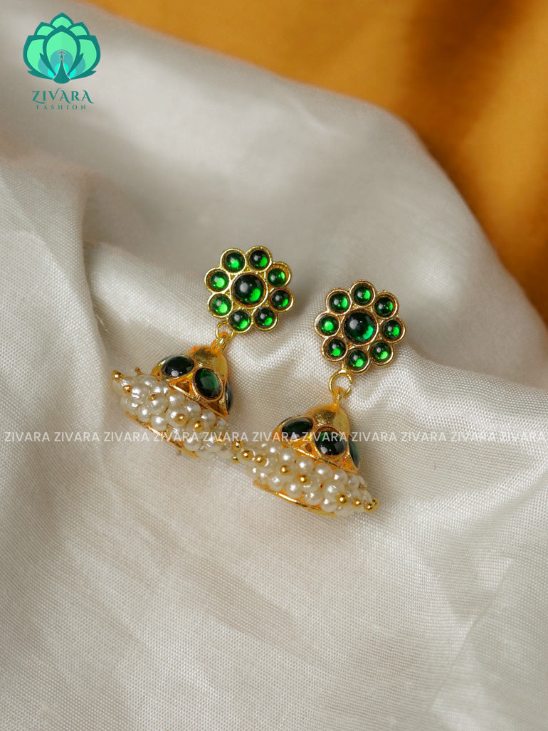 GREEN   -TRADITIONAL KEMP SINGLE LINE STONE JHUMKA - latest kemp dance jewellery collection