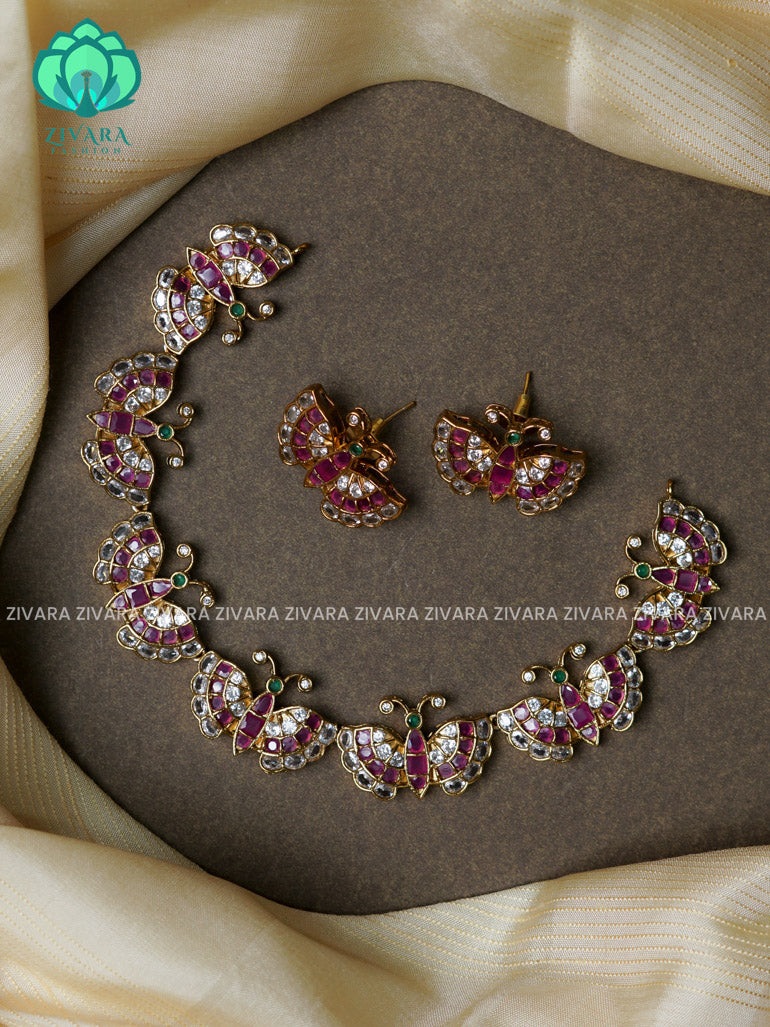 REAL KEMP BUTTERFLY  -Traditional south indian premium neckwear with earrings- Zivara Fashion- latest jewellery design.